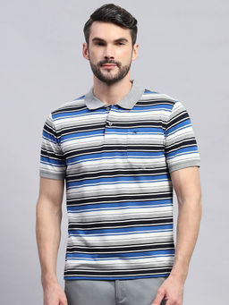 Monte Carlo - Men Grey and Blue Striped Collared Neck Half Sleeve Polo T-Shirt