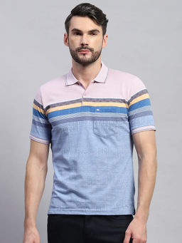 Monte Carlo - Men Pink and Blue Striped Collared Neck Half Sleeve Polo T-Shirt