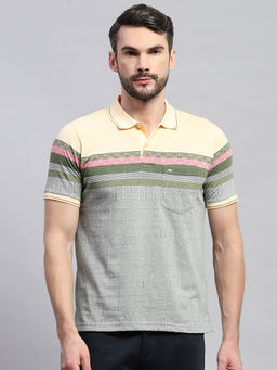 Monte Carlo - Men Yellow and Olive Striped Collared Neck Half Sleeve Polo T-Shirt