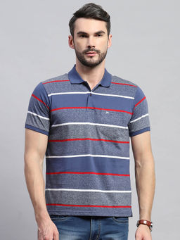 Monte Carlo - Men Grey and Blue Striped Collared Neck Half Sleeve Polo T-Shirt