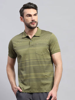 Monte Carlo - Men Olive Stripes Collared Neck Half Sleeve Polo T-Shirt