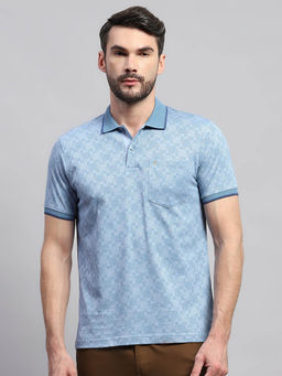 Monte Carlo - Men Blue Printed Collared Neck Half Sleeve Polo T-Shirt