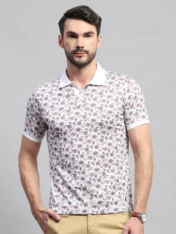 Monte Carlo - Men White Printed Collared Neck Half Sleeve Polo T-Shirt