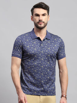 Monte Carlo - Men Navy Blue Printed Collared Neck Half Sleeve Polo T-Shirt