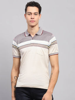 Monte Carlo - Men Beige Colored Striped Polo Neck Half Sleeve T-Shirt