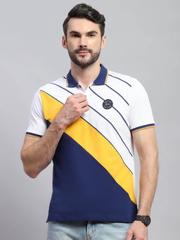 Monte Carlo - Men White and Blue Striped Collared Neck Half Sleeve Polo T-Shirt