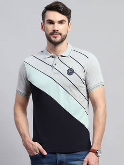Monte Carlo - Men Grey and Black Striped Collared Neck Half Sleeve Polo T-Shirt