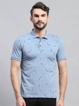 Monte Carlo - Men Blue Checks Printed Collared Neck Half Sleeve Polo T-Shirt