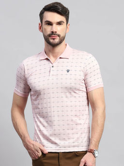 Monte Carlo - Men Pink Checks Printed Collared Neck Half Sleeve Polo T-Shirt