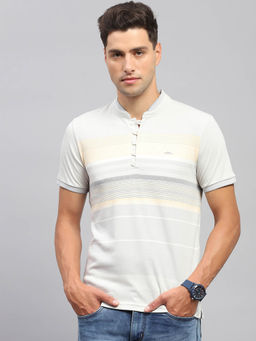 Monte Carlo - Men Grey Striped Mandarin Neck Half Sleeve T-Shirt