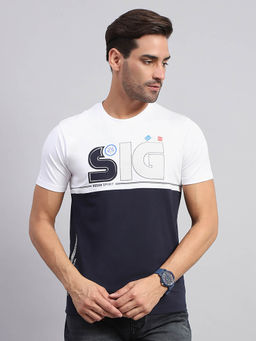 Monte Carlo - Men Navy Blue and White Printed Round Neck Half Sleeve T-Shirt