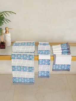 ADYA - Sky Blue Hexagon Hand, Face, Bath Towel (Set of 8)