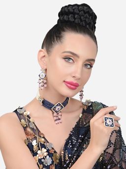 Zaveri Pearls - Navy Blue Pink Meenakari Choker Necklace Earring & Ring Set-ZPFK15565