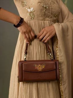 Miri - Queenbee Hand Embroidered Sling Bag with Detachable Strap - Brown