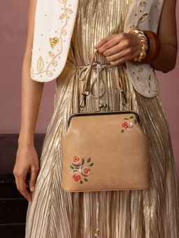 Miri - Beige Hand Embroidered Three Roses Vintage Clutch with Detachable Strap