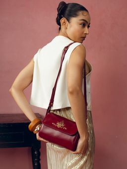 Miri - Naqsh Hand Embroidered Retro Flap Sling with Detachable Strap - Maroon