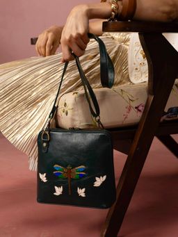Miri - Dragonfly Hand Embroidered Venice Sling Bag with Detachable Strap - Green