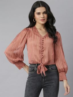 KASSUALLY - Self Design Brown Georgette Shirt Style Top