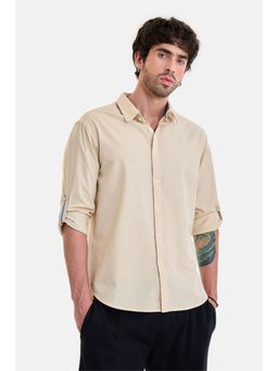 Snitch - Men Beige Cotton Linen Full Sleeves Shirt