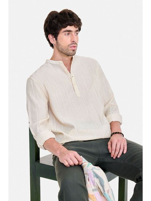 Snitch Men Cream Lyocell Blend Full Sleeves Shirt
