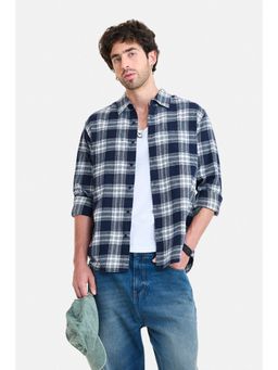 Snitch - Men Navy Blue Cotton Full Sleeves Shirt