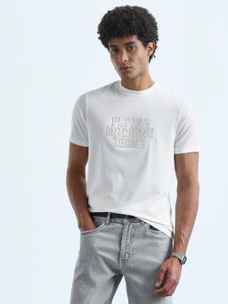 Flying Machine - Men White Knitted Half Sleeves T-shirt