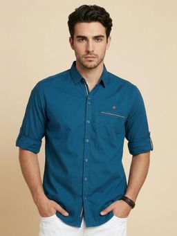 KUONS AVENUE - Men Blue Linen Full Sleeves Shirt