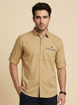 KUONS AVENUE - Men Beige Linen Full Sleeves Shirt
