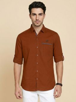 KUONS AVENUE - Men Rust Linen Full Sleeves Shirt