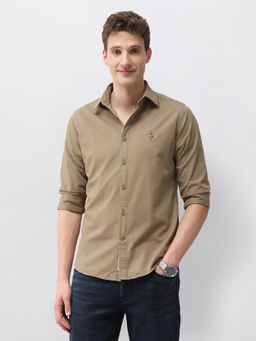 U.S. Polo Assn. Denim Co. - Men Brown Cotton Full Sleeves Shirt