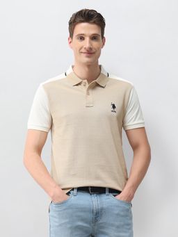 U.S. POLO ASSN. - Men Beige Cotton Half Sleeves Polo T-shirt
