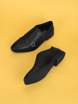 Truffle Collection - Black Solid Monk Straps For Men