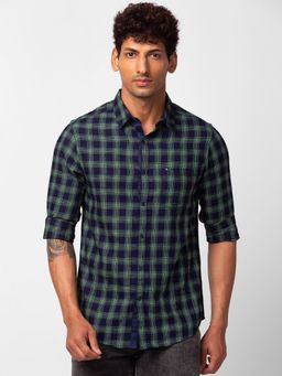 Spykar - Navy-Green Full Sleeves Y/d Indigo Space Dyed Shirt For Men