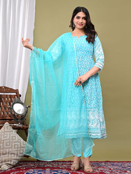 MEENA BAZAAR - Embroidered Cotton Blend Kurta with Pant & Dupatta