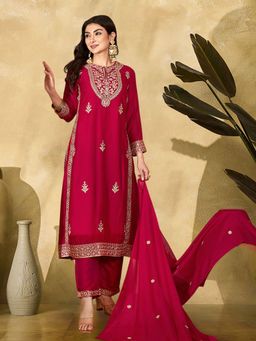KVS FAB - Red Vichitra Zari Sequence Thread Cording Embroidered Kurta with Pant & Dupatta