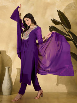 KVS FAB - Purple Zomato Sequence Foil Embroidered Kurta with Pant & Dupatta