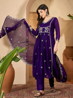 KVS FAB - Purple Vichitra Sequence Embroidered Anarkali Kurta with Pant & Dupatta