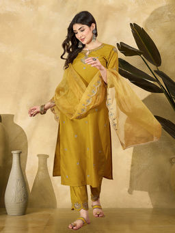 KVS FAB - Mustard Silk Blend Zari Sequence Embroidered Kurta with Pant & Dupatta