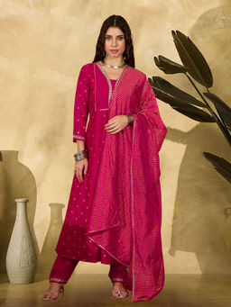 KVS FAB - pink Silk Blend Embroidered with Foil Print Kurta with Pant & Dupatta