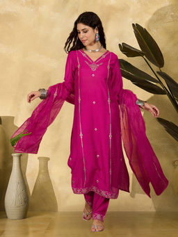 KVS FAB - Pink Vichitra Zari Sequence Thread Embroidered Kurta with Pant & Dupatta