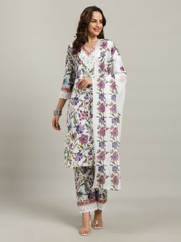 MEENA BAZAAR - Floral Printed Cotton Blend Kurta with Pant & Dupatta