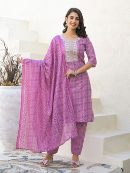 MEENA BAZAAR - Printed Cotton Kurta with Pant & Dupatta