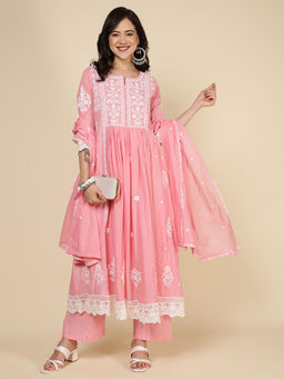 MEENA BAZAAR - Embroidered Cotton Blend Anarkali Kurta with Pant & Dupatta