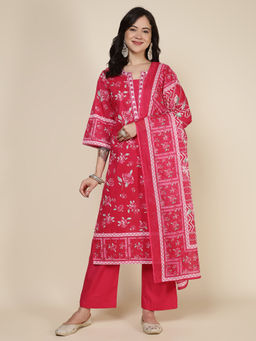 MEENA BAZAAR - Floral Printed Cotton Blend Kurta with Pant & Dupatta