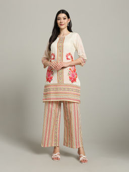 MEENA BAZAAR - Printed Cotton Blend Beige Kurti & Palazzo