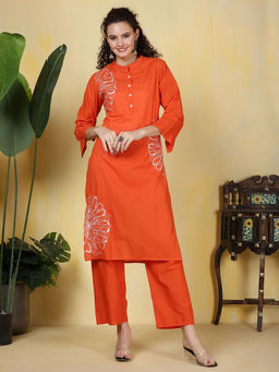 MEENA BAZAAR - Orange Printed Cotton Blend Kurta with Pant