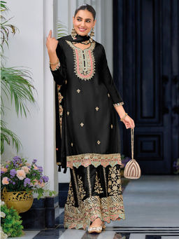 MEENA BAZAAR - Neck Embroidered Art Silk Kurta with Sharara & Dupatta