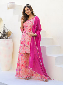 MEENA BAZAAR - Neck Embroidered Georgette Peach Kurta with Sharara & Dupatta