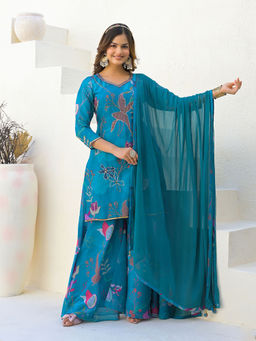 MEENA BAZAAR - Neck Embroidered Georgette Blue Kurta with Sharara & Dupatta