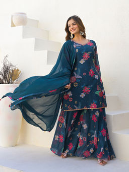 MEENA BAZAAR - Neck Embroidered Georgette Kurta with Sharara & Dupatta